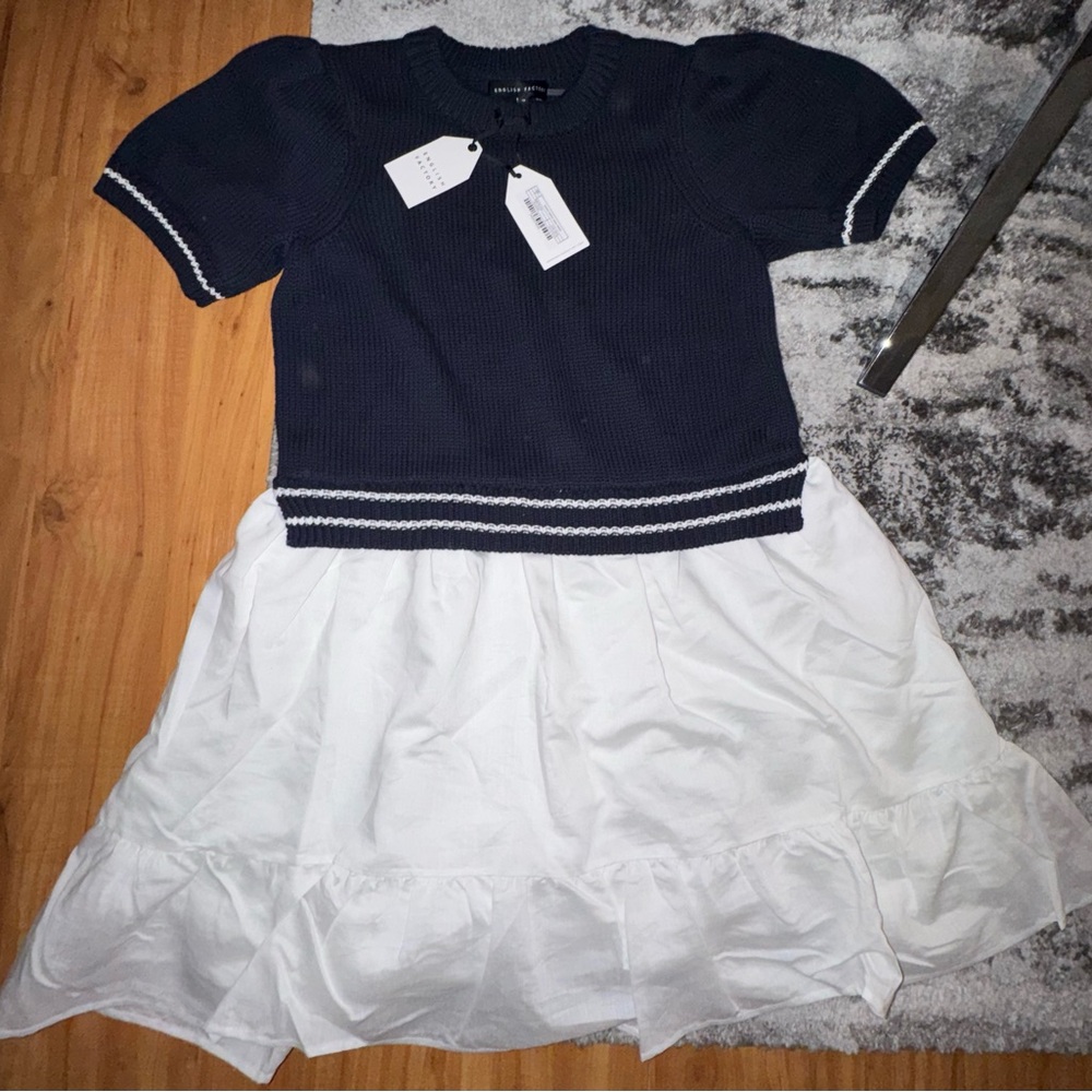 NWT 1X English Factory Navy Knit Puff Sleeve Sweater Dress